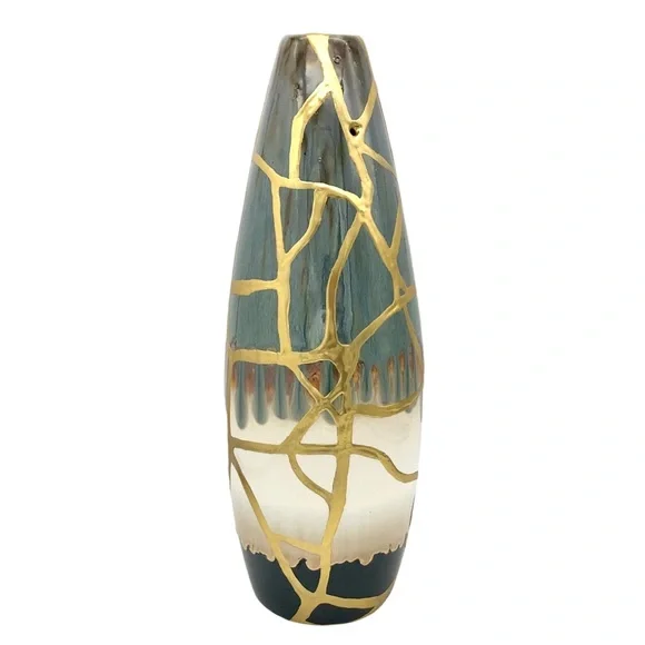 Kintsugi Vase 14” Drip Glaze Gold Crack Art Personal Growth Anniversary Gift - Picture 7 of 13